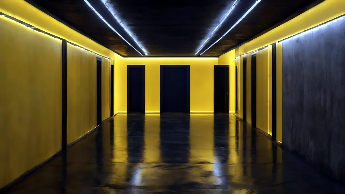 An endless corridor of yellow carpet and humming fluorescent lights.
