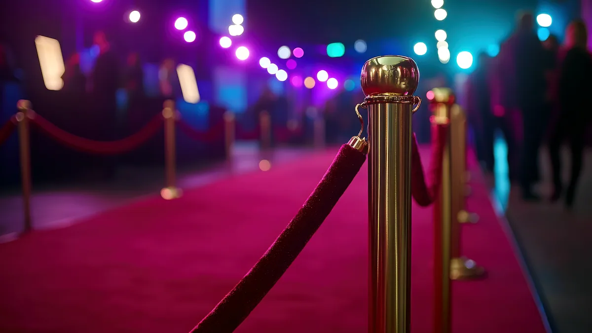 A red carpet stretched past silver stanchions at night.