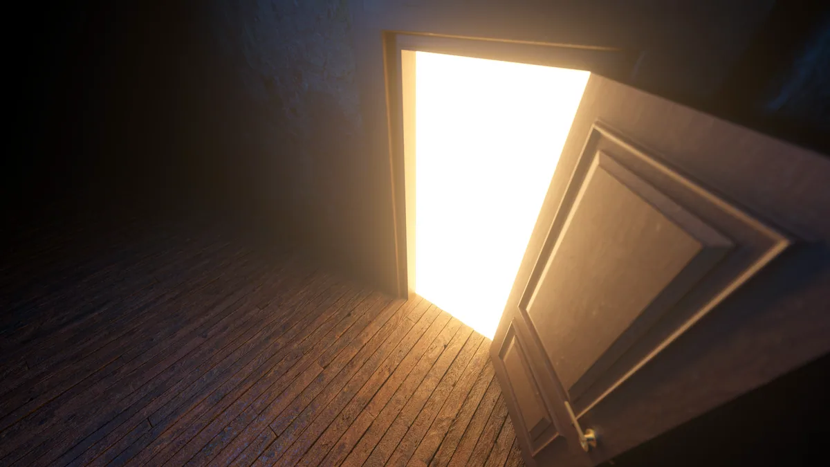 A bright door standing open to a sunlit room.