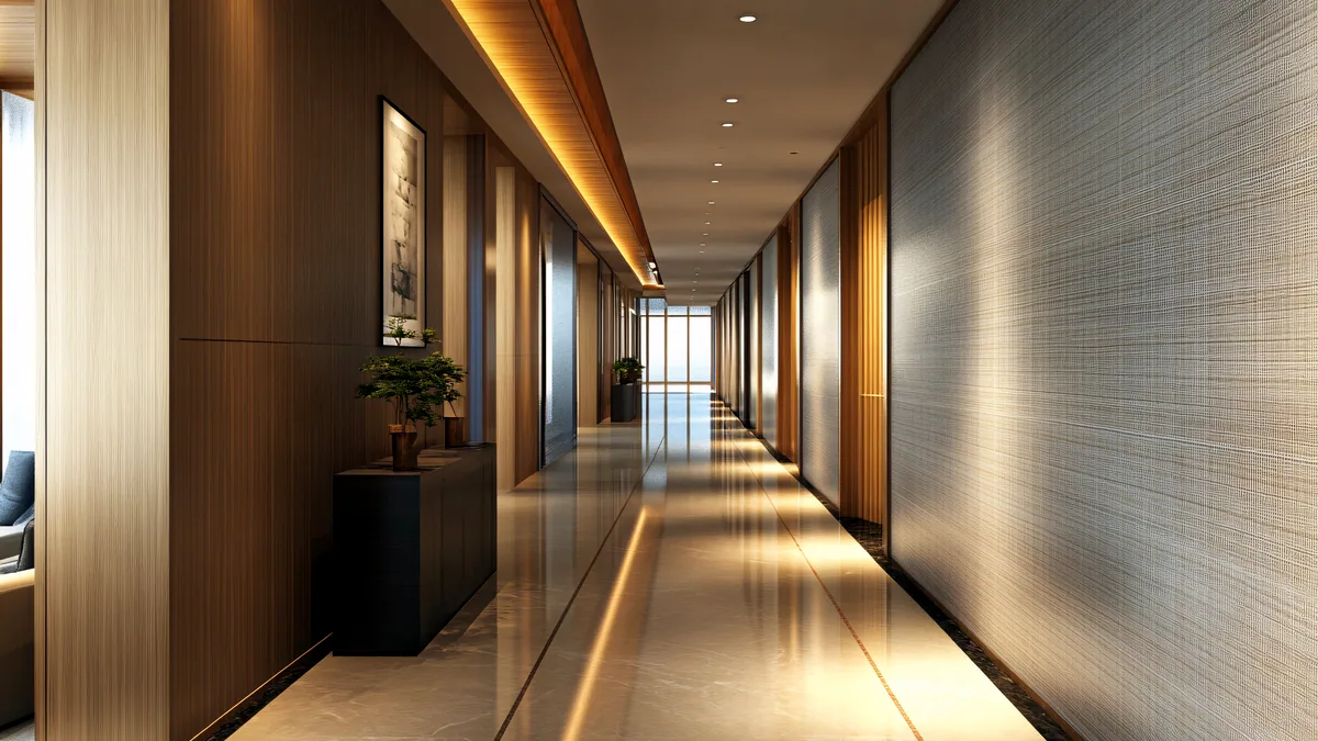 An empty hotel corridor lit by a single pale lamp.