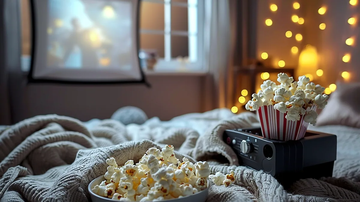 Candles and popcorn on a low table in a small room.