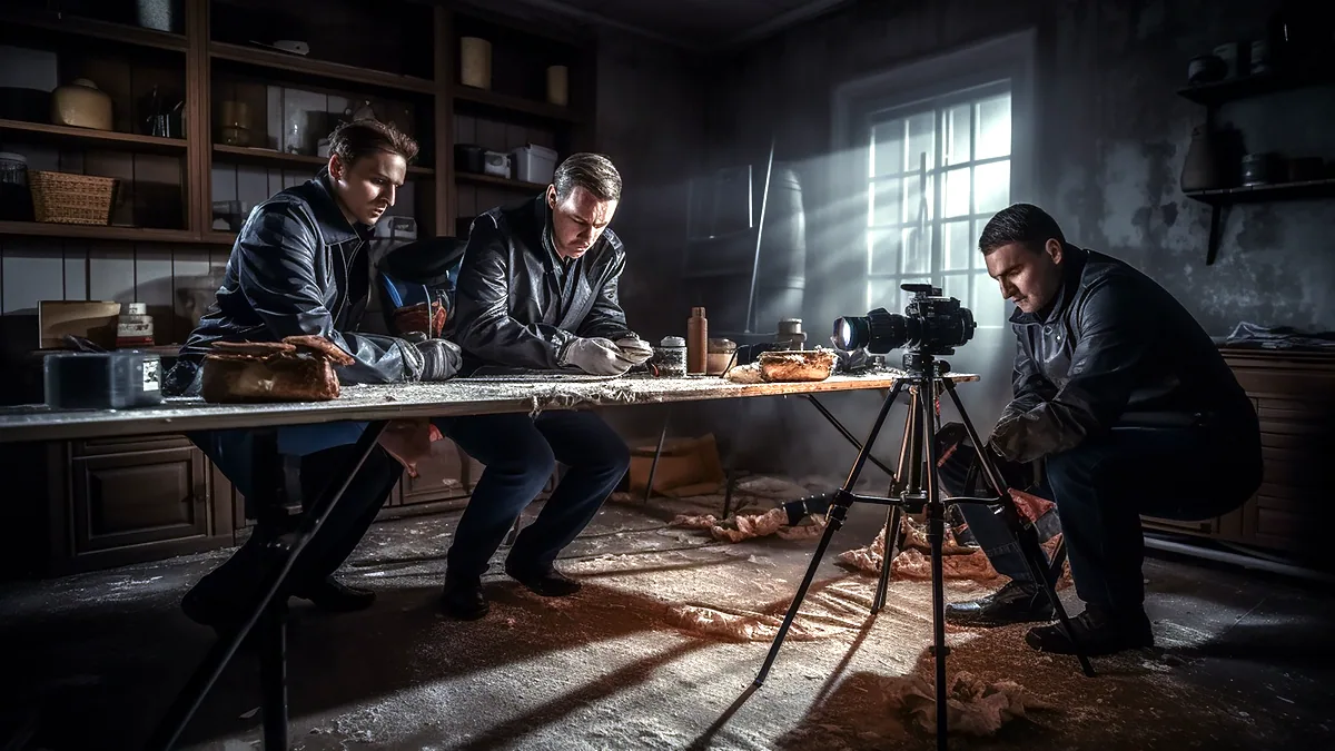 A film crew working around a camera rig on a set.