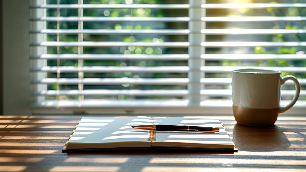A notebook and pen on a desk beside a window in the rain.