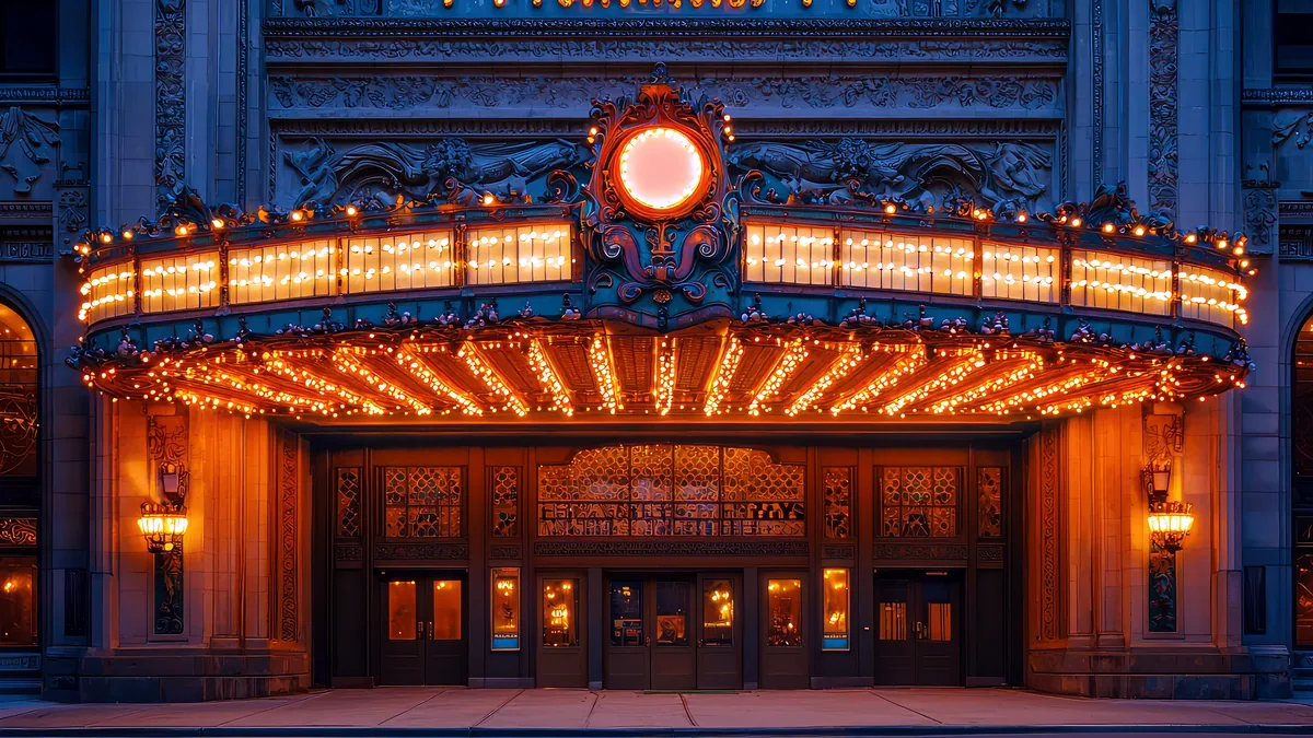A cinema facade with marquee lights over the steps.
