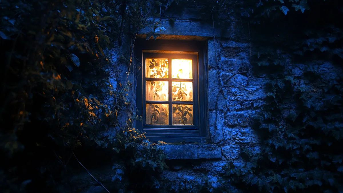 An old house with one warm window glowing at night.