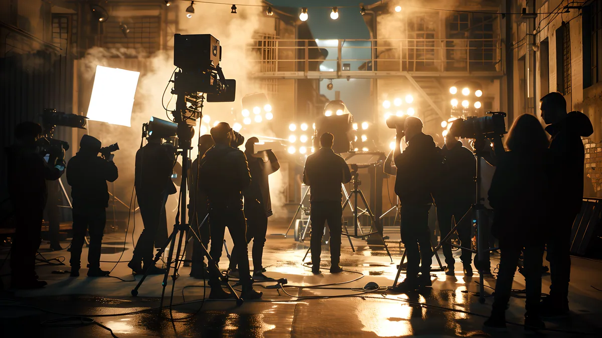 A film set at night with tall lights and a lit monitor.