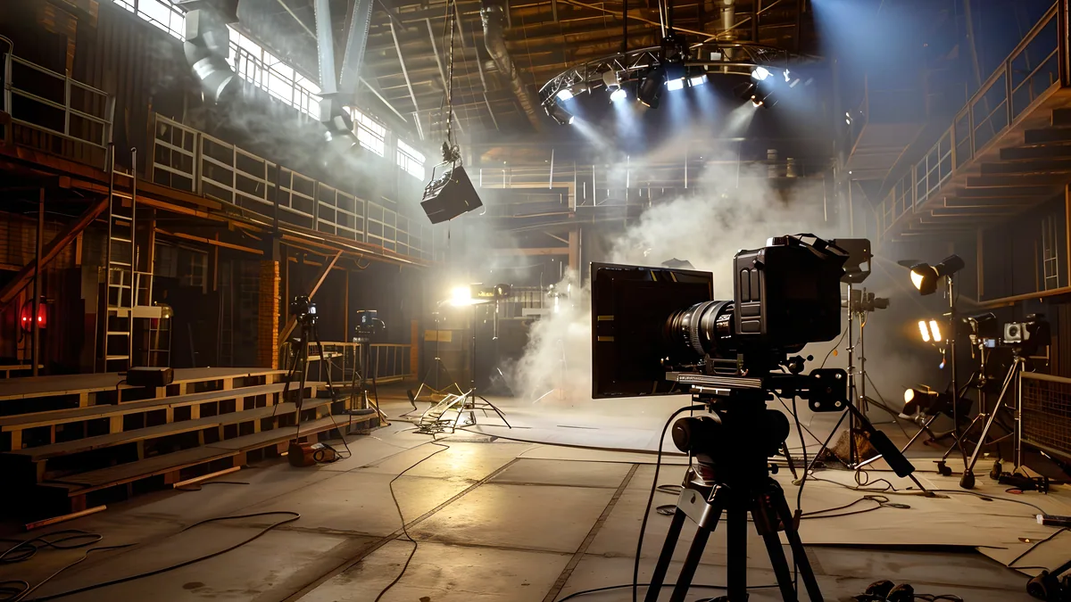 A camera on a dolly track crossing a lit stage.