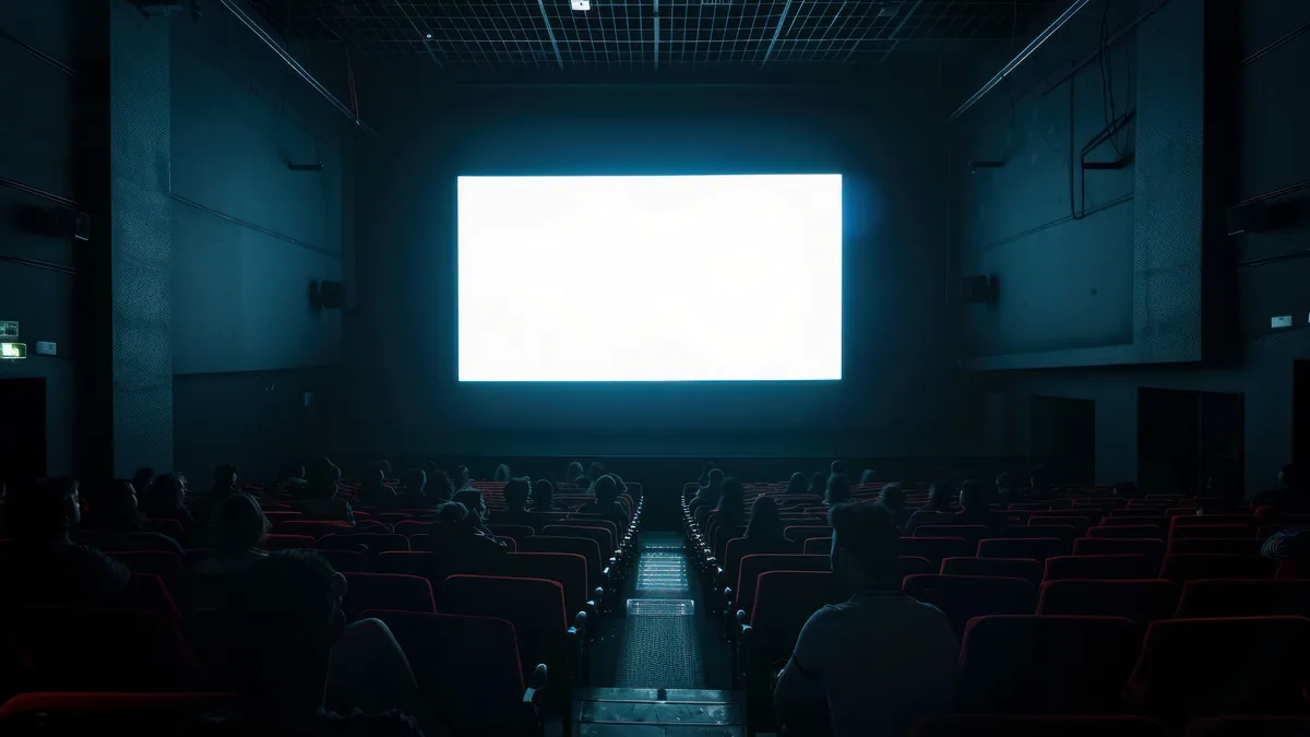 A large screen glowing at the far end of a dark hall.