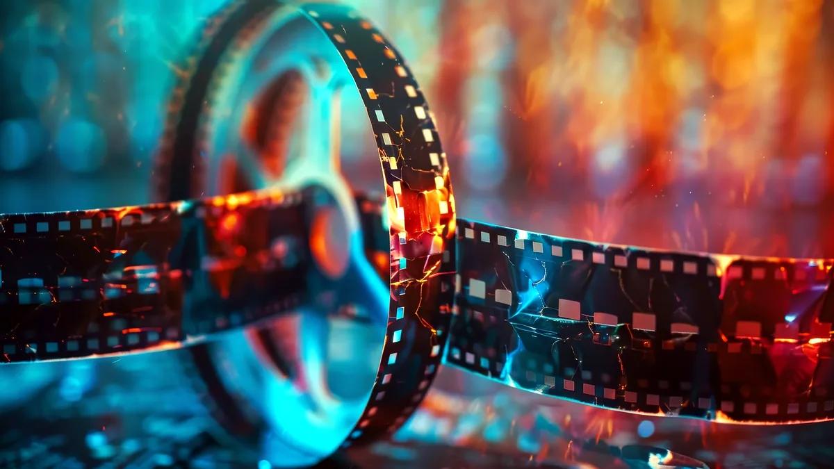 A 35mm film strip threaded through a spool, caught in warm light.