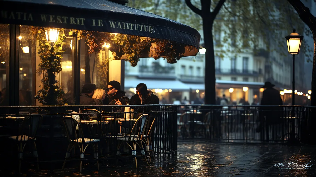 A quiet Paris street cafe glowing at dusk in the rain.