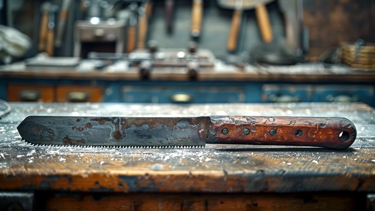 A rusty blade laid on a workbench in low light.